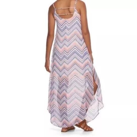 REWIND WOMEN'S SIZE XS DRESS CORAL, WHITE, & BLUE CHEVRON MAXI BEACH PARTY NWT - Picture 2 of 8